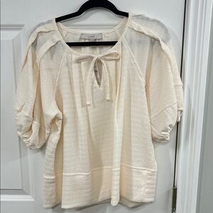 LOFT Cream Textured Blouse with Bow Detail